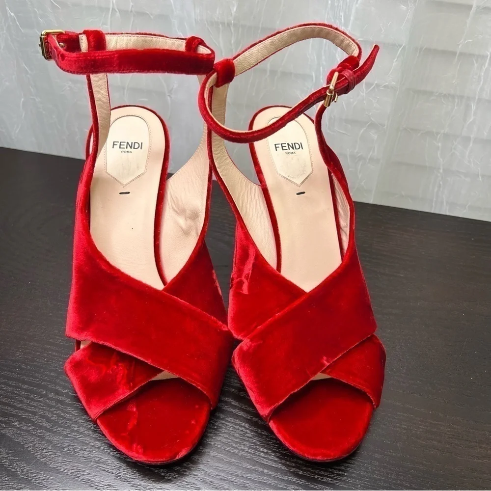 Fendi, Red Velvet Ankle Strap Shoe.  8